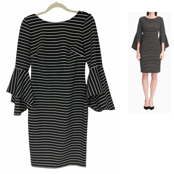 Calvin Klein Dresses & Skirts - Size 8 CALVIN KLEIN BLACK+WHITE STRIPED BELL SLEEVE DRESS Special Occasion Party